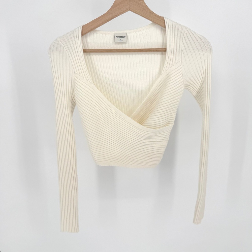 Abercrombie Fitch Cream Ribbed Knit Wrap Neck Long Sleeve Cropped Sweater‎ XS